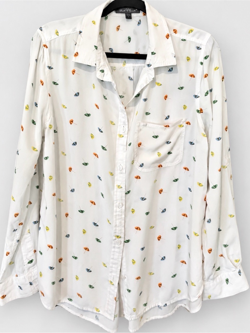 Velvet Heart White Button-Down Shirt with Multicolor umbrellas